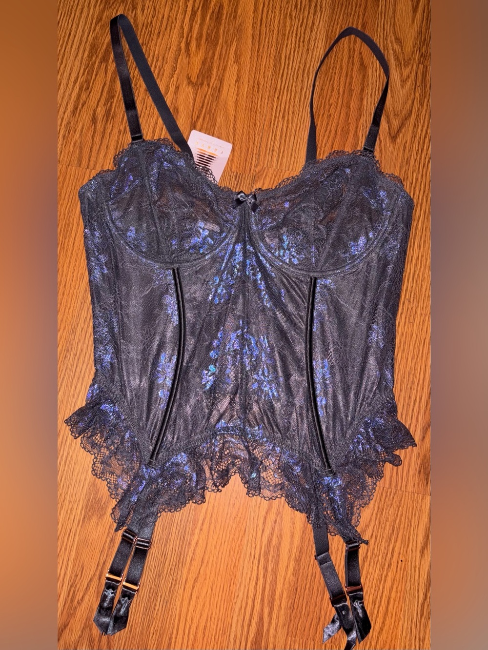 NWT-Savage X Fenty Black Bustier with Iridescent Blue Floral Lace and Garters